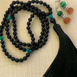 New Natural 108 knot Obsidian beads SS Jade Rudraskha earrings SET
